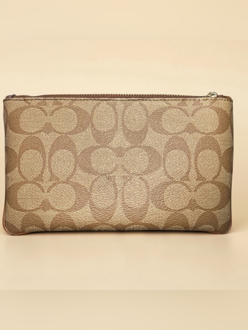 Coach Beige Brown Signature monogram credit card Zip Pouch wallet zip Star Charm - Picture 2 of 5